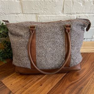 LL Bean Tweed Wool & Brown Leather Shoulder Bag Large Weekender Tote VINTAGE